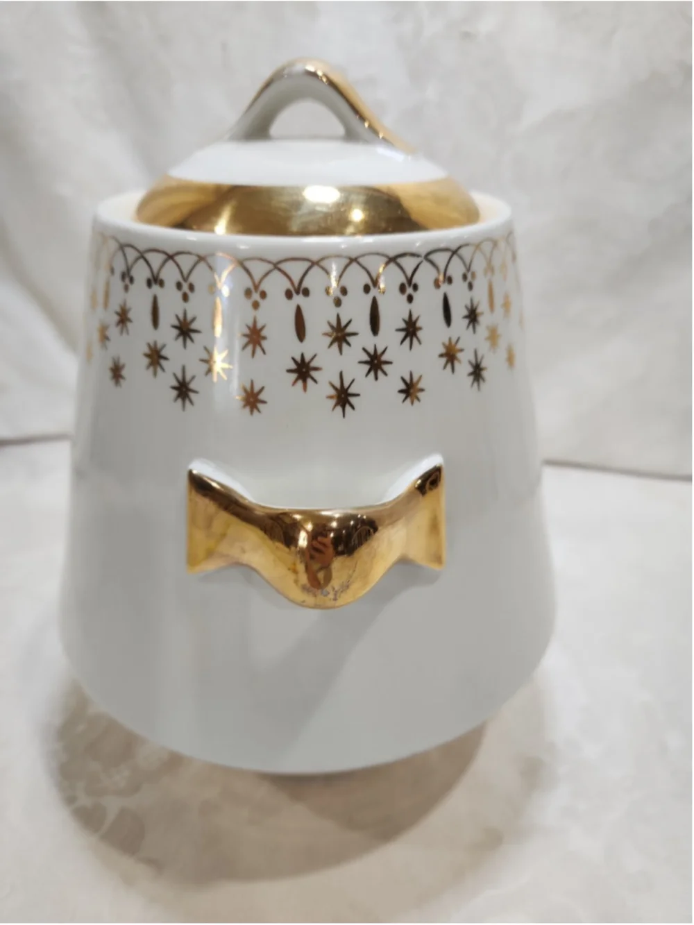 Vintage Flare Ware Hall China Lidded Cookie Jar Canister Atomic Stars Gold Lace